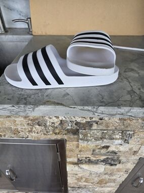 Adidas White Slides with Black Stripes